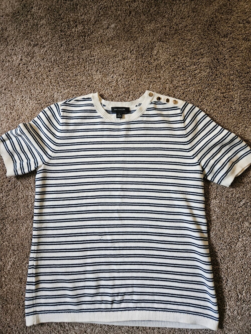 Ann Taylor striped knit short-sleeve top -decorative gold buttons Sz M